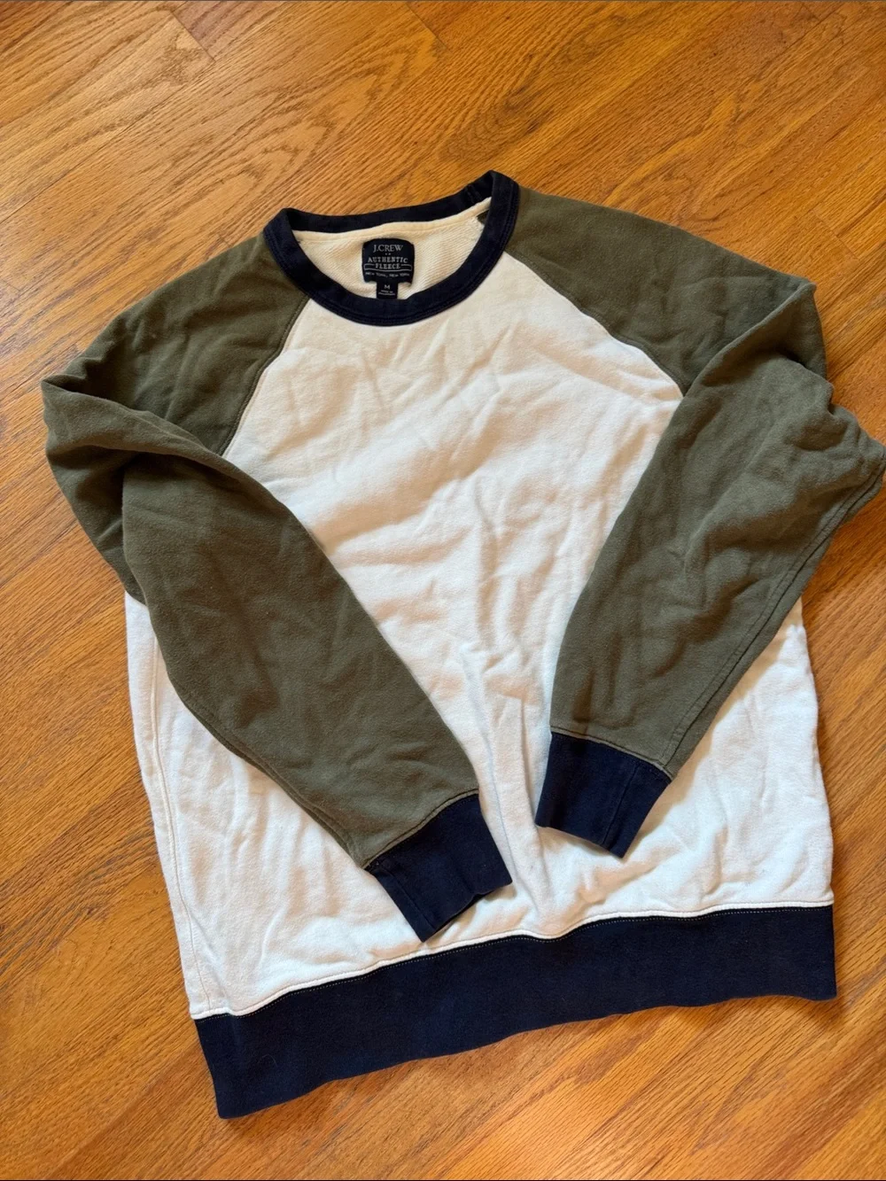 J. Crew Men’s Raglan Crewneck Sweater in White, Olive & Navy